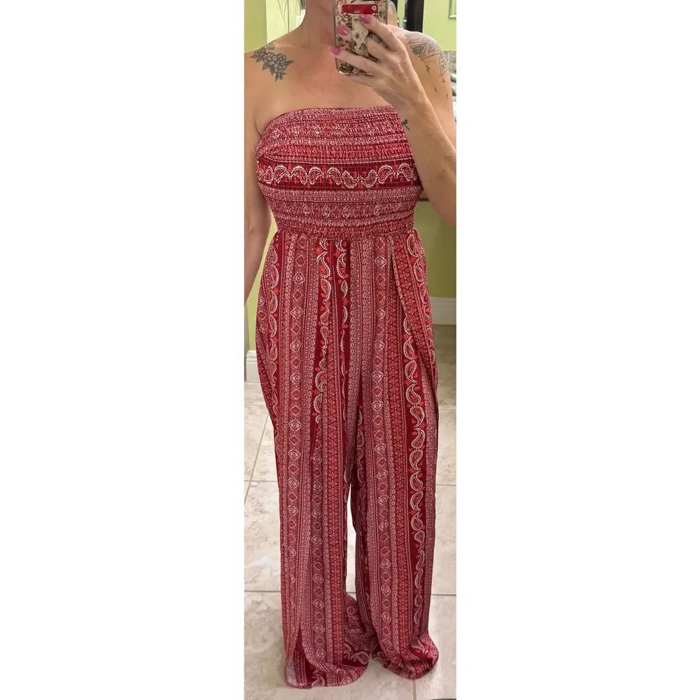 Boho Red Paisley print strapless wide leg large jumpsuit hippie resort vacation - Picture 2 of 9